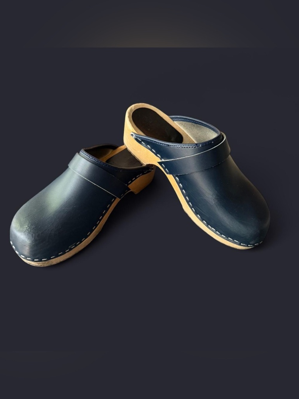 Woman’s Vollsjo Navy Leather Clogs with Tan Sole